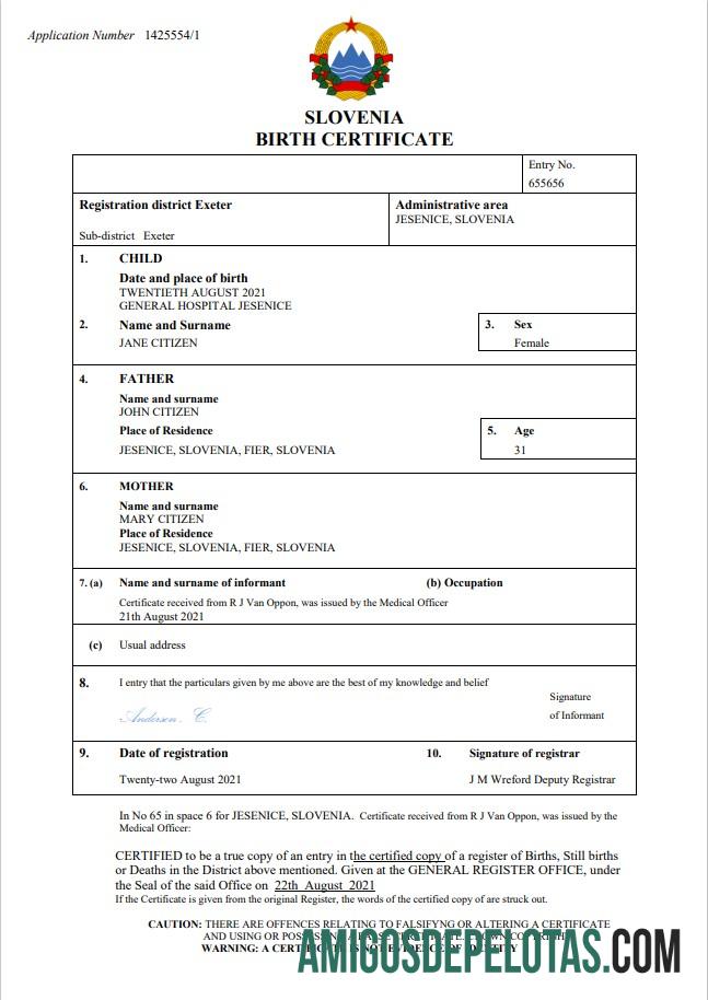 Em branco modelo Word e PDF de certidão de nascimento da Eslovênia